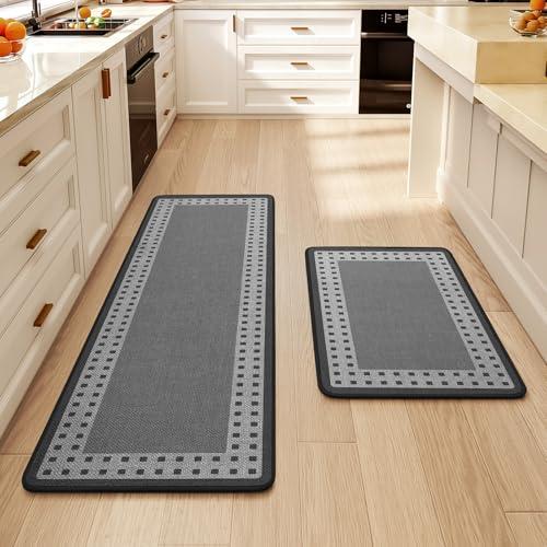 QiCaiJia Kitchen Mats for Floor, 17''x30''+17''x47''Kitchen Rugs Set of 2, Washable Absorbent Kitchen Mat Non Slip, Braided Kitchen Runner Rug, Kitchen Sink Rug, Grey