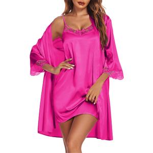 Ekouaer Sleepwear Women's Satin Nightgown with Robes Set 2 Piece Sexy Lace Cami Nightwear Hot Pink, XL