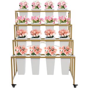 4 Layers Flower Display Stand with 16 Buckets Plant Stand with Wheels Heavy Duty Moving Flower Rack Cart Outdoor Floral Holder for Bar Patio Garden Florist (Gold Shelf & White Square Buckets)