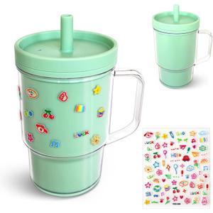 Baby Straw Cups for Toddlers 1-3 with Silicone Straw and Handle, 8oz Spill Proof and Heat Proof,BPA Free Dishwasher Safe Mini Stanley Style Cup with Cartoon Stickers for Kids (Mint green)