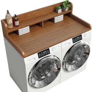 2-Tier Washer Dryer Countertop with 2.75" H Edge Rails, 54" W x 27.55" D Laundry Countertop for Folding Clothes, Washer and Dryer Topper with Non-Slip Pad (Brown)
