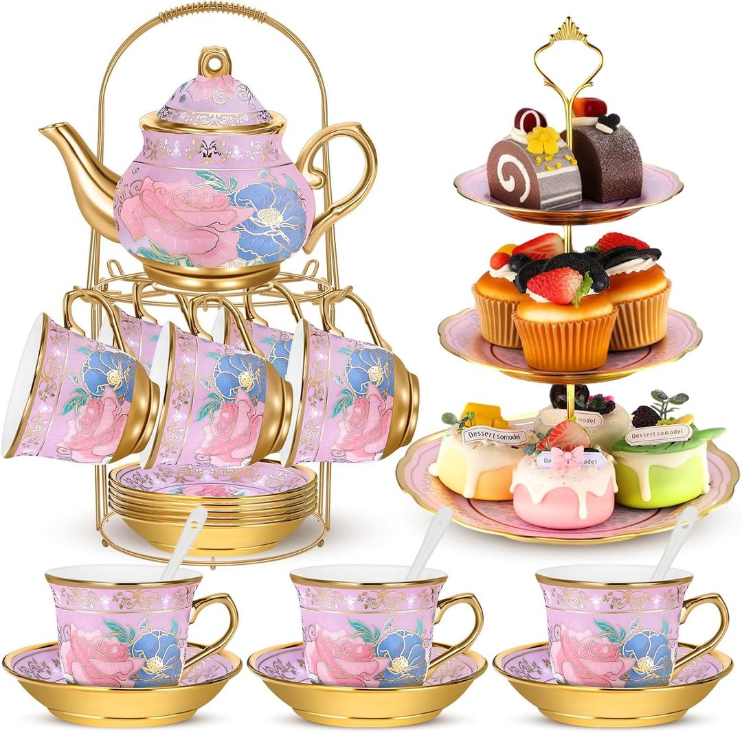 21pcs Porcelain Teapot Parties Set with Metal Holder and Cupcake Stand Ceramic Tea Pot Cups Saucers Cupcake Tier Tower for Women Girls European Parties Weddings Gifts, (Purple,Delicate)