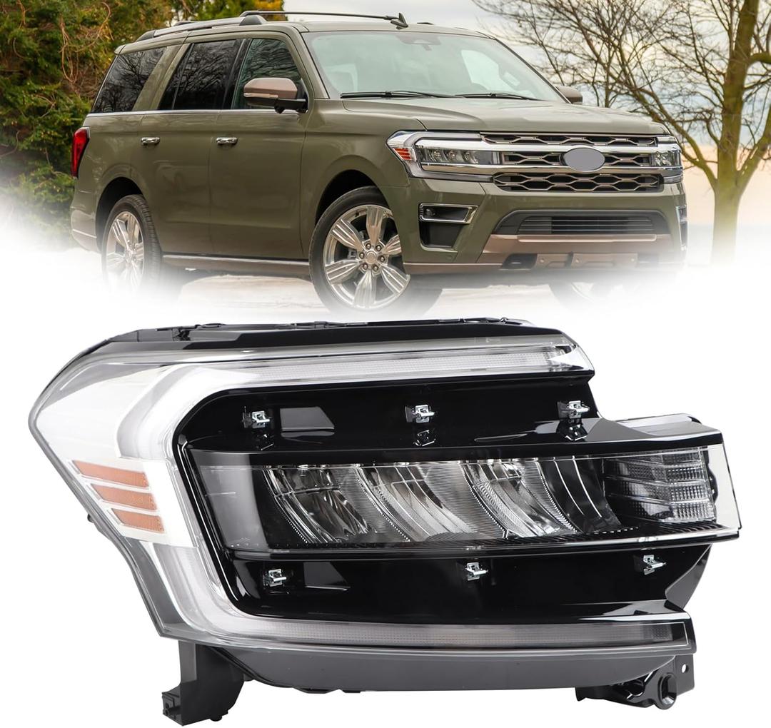 RH Full LED W/Chrome Trim Strip Headlights W/LED DRL Assembly Compatible with 2022-2024 Ford Expedition Limited/Platinum/King Ranch Headlamp Right Passenger Side FO2503427 NL1Z-13008-B NL1Z-13008-J