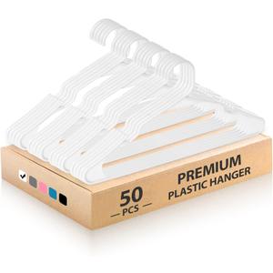 Plastic Hangers for Clothes - Durable & Versatile Color, Coat, Shirt & Pants Hangers - Space Saving Closet Storage Organizer Essentials with Non-Slip for Home, Dorm, Apartment (White, 50 Pack)