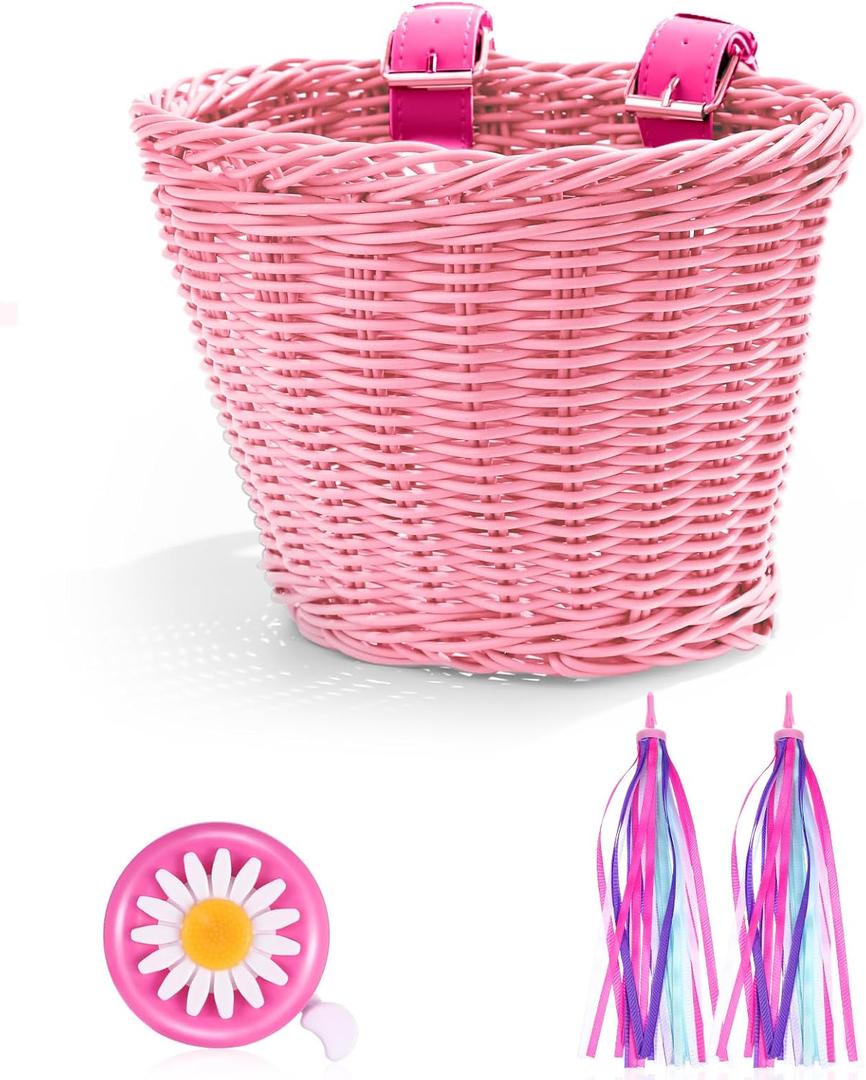 Hestya Kids Bike Basket Set for 12-14 Inch Bikes, Wicker Basket, Handlebar Bicycle for Girls Colorful Streamers Daisy Bell Decoration Girls Bike Accessories Gift for Girl Boy (Pink)