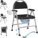 Folding Bedside Commode Chair for Elderly with Adjustable Height, Toilet Seat with Arms Handles and Back Support, Adults Potty Chair with Paper Roll Holder for Seniors, Disabled, and Pregnant (Black)