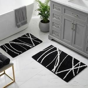 Tititex Luxury Black White Curve Line Bathroom Rug Set, 20x32 inch + 16x24 inch 2 pcs Extra Soft and Absorbent Microfiber Bath Rugs, Non-Slip Plush Shaggy Carpet, Mats for Floor, Tub and Shower