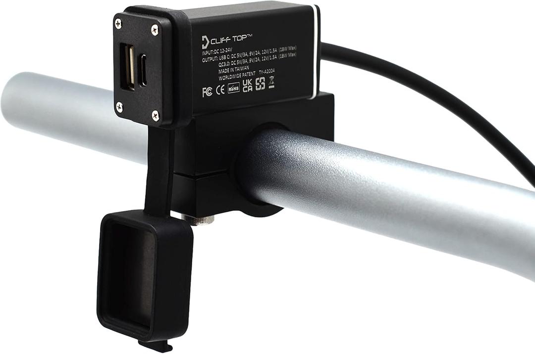 Cliff Top Motorcycle USB Charger Waterproof Dual USB Port with 18W PD USB-C & QC 3.0 36W Output, Aluminium Build with Magnetic Power Switch for 7/8, 1, 1 1/4" Handlebars, Battery Drain Prevention