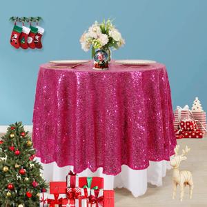 AMZLOKAE Sequin Tablecloth Round 72 Inch Hot Pink Glitter Table Cloths for Parties Dessert Tablecloth Round Sparkle Dining Table Cover Wedding Tablecloth
