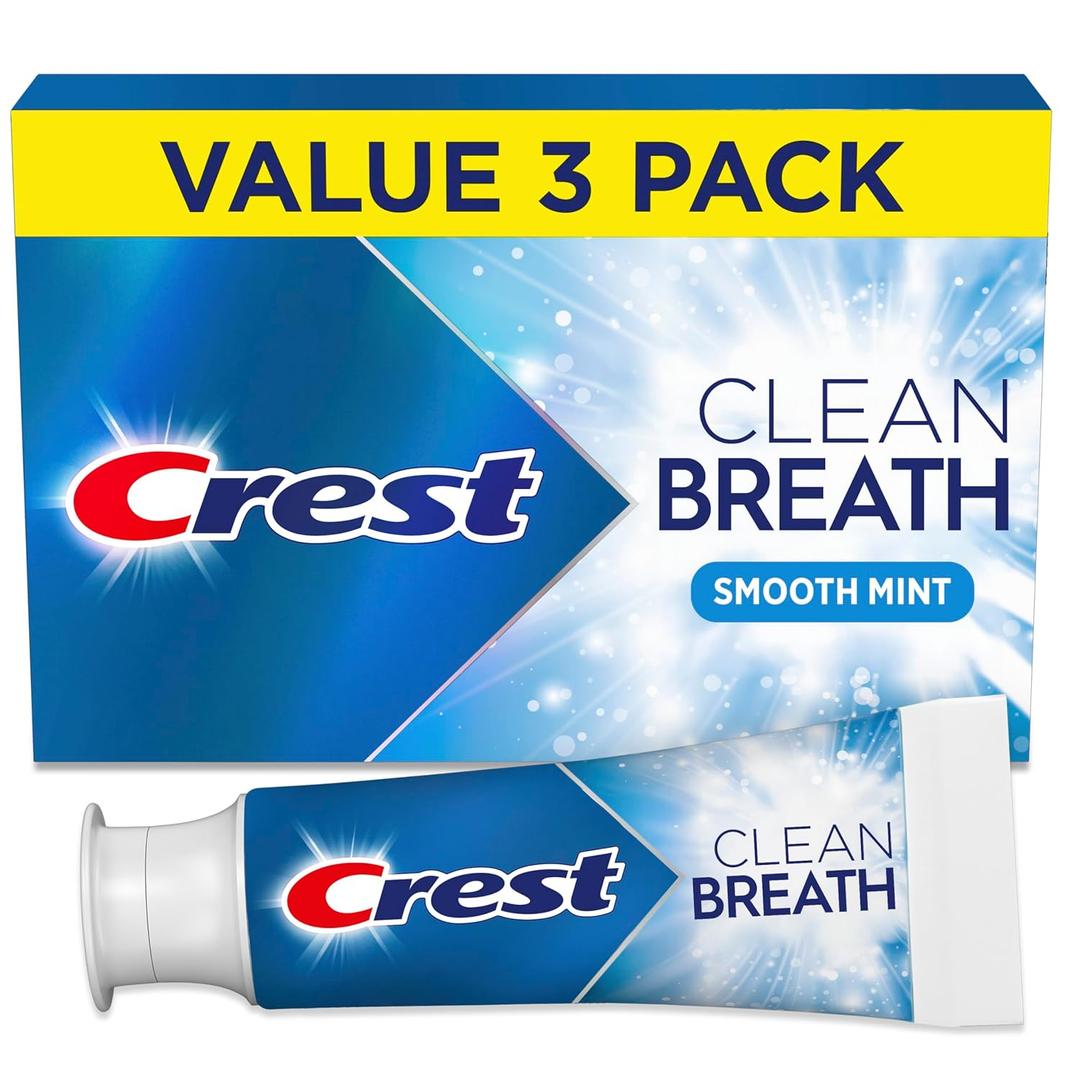 Crest Toothpaste Clean Breath Smooth Mint 3.3oz Pack of 3  Neutralizes Bad Breath, Antibacterial Protection, Fights Cavities, Freshens Breath, Gently Whitens