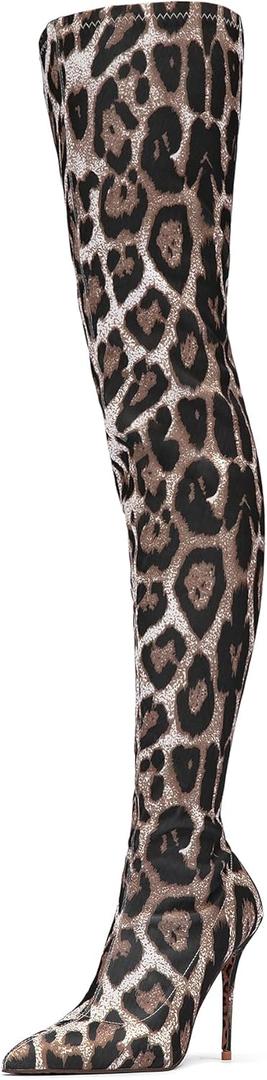NEWBELLA Women's Over Knee High Boots - Leopard Print Stiletto Heels Pointed Toe Side Zipper for Fall Winter 8