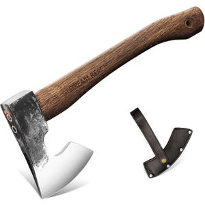 Dream Reach 14.5"" Camping Hatchet with Sheath, Bushcraft Axe with Carbonized Handle, Hand Forged Carving Axe, Splitting Hatchet for Chopping Wood, Gardening, Black