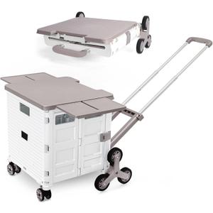 Foldable Utility Cart Portable Crate Rolling Dolly with Telescopic Handle,Can be Pulled diagonally, Magnetic Retractable Lid, 360Swivel Climbing Wheels for Shopping Carrying Groceries Move White (Whitepro)