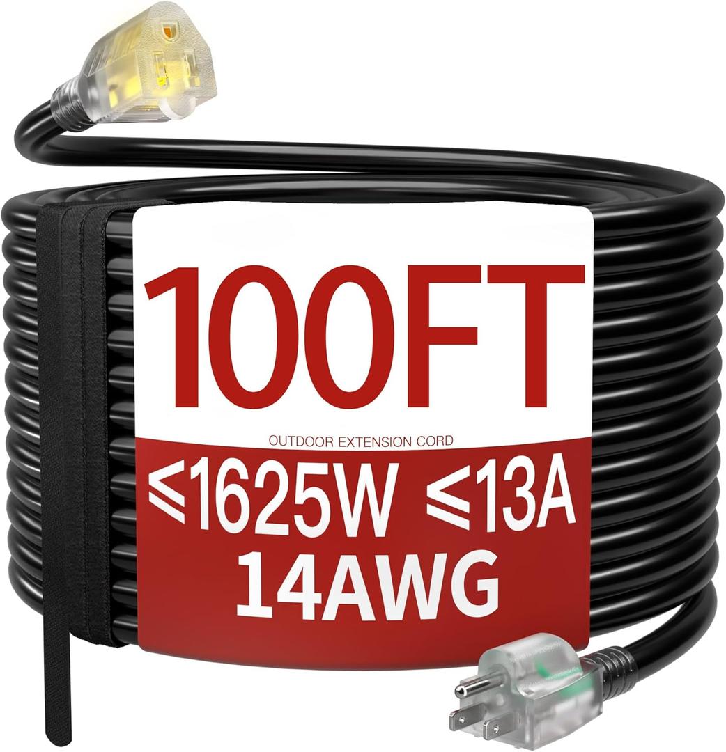 100 FT 14/3 Extension Cord Outdoor, Heavy Duty Weatherproof & Flame Retardant Black 3 Prong Power Cord with Light, Outside for Lawn & Garden, 13 Amps 1625 Watts 125 VAC 14AWG SJTW, ETL Listed