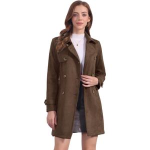 Allegra K Women's Faux Suede Trench Coat Notched Lapel Double Breasted Jacket with Belt (Large, Coffee)
