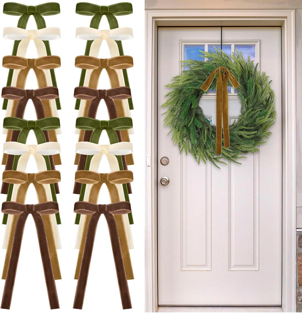 24 Pcs Velvet Bows Christmas Tree Ornaments Vintage Velvet Ribbon Bows for Tree Garland Wreath Indoor Xmas Decorations(9 x 13 Inch Width of 1",Brown, Khaki, Beige, Moss Green)