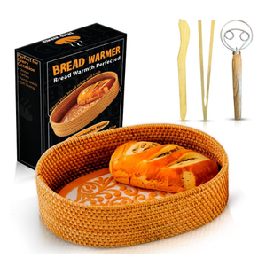 Bread Warmer Basket with Terracotta Stone - Handcrafted Oval Bread Basket for Serving Rolls, Tortillas,and Muffins - Eco-Friendly, Perfect for Dining, Gifting, and Farmhouse Decor