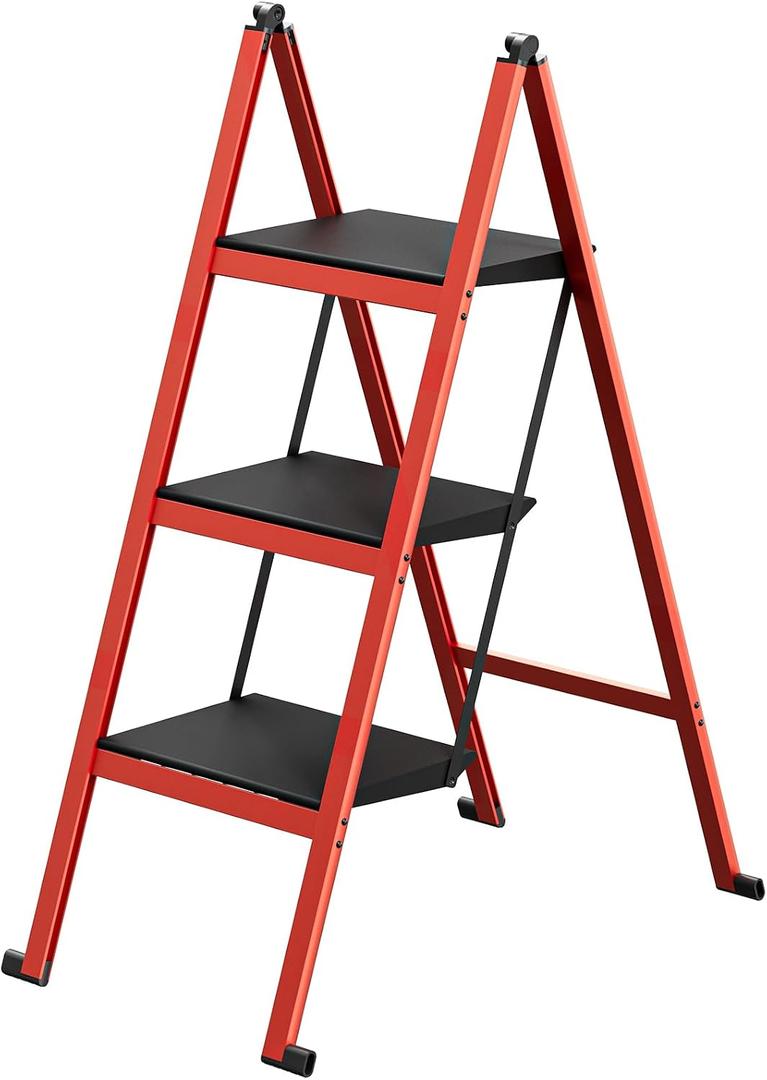 3 Step Ladder,Aluminum Ultra Thin Folding Step Stool,400 Lbs Capacity Heavy Duty with Anti-Slip Sturdy and Wide Tread,Closet Slim Step for Home,Kitchen and Office,Space Saving (Red, 3-Step)