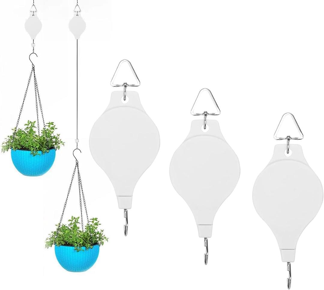 3Pcs Retractable Plant Hanger - Upgrade Plant Pulleys for Hanging Plants, Easy to Raise and Lower, Suitable for Garden Flower Pots, Hanging Planter, Bird Feeder (3Pcs-White)
