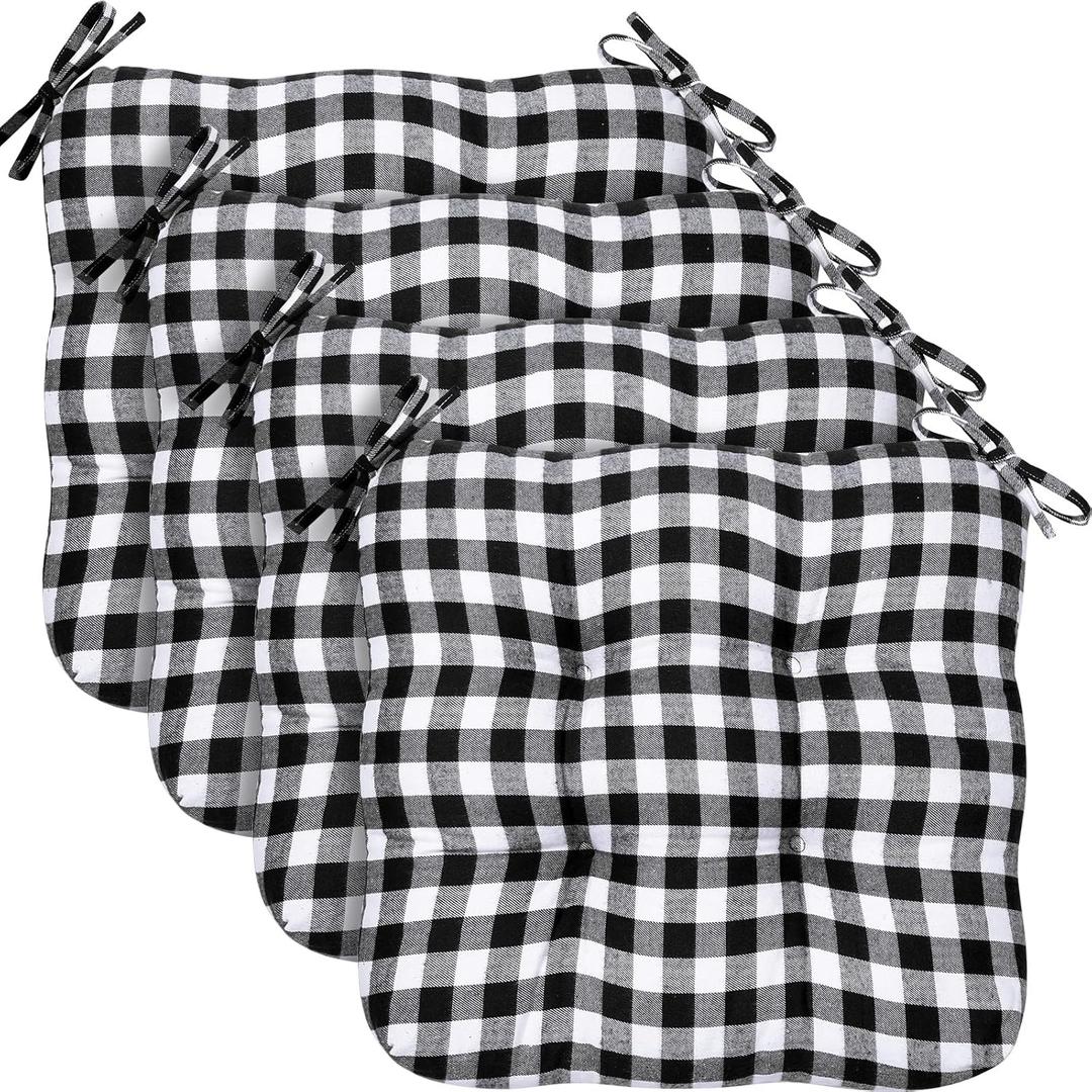 Geetery 4 Pack Chair Cushions for Dining Chair Kitchen Seat Pads with Ties Buffalo Plaid Soft Comfy Square Seat Pads for Home, Outdoor, Patio, Room (Black,White)