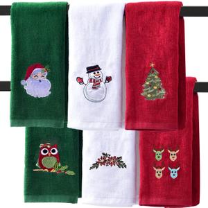 Christmas Hand Towels for Bathroom 16 x 25 inch, 6 Pack Embroidery Design 100% Cotton Super Soft and Absorbent Dish Towels, for Holiday, Kitchen, Drying, Cleaning Gift
