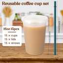 Lounsweer 15 Pcs Clear Reusable Cups with Straws and Lids, Plastic Frosted Round Bottom Ice Coffee Cups Travel Mug Tumbler for Beverage Water Party Birthday Disposable Drinkware (16oz,Green), as picture