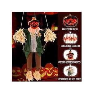 Scary Halloween Decorations - Outdoor Hanging Swinging Pumpkin with Sound & Slap Activated, Light Up Eyes Creepy Sound Expressions, Large Scary Decor Props for Indoor & Outdoor