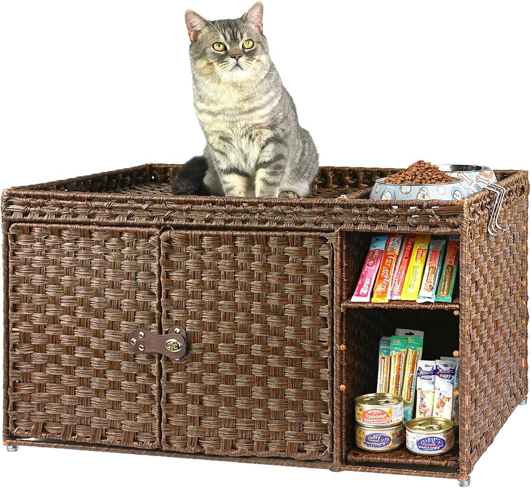 Aesthetic Cat Litter Box Enclosure, Handwoven Rattan Hidden Litter Box Furniture with Extra Mat and Fence, Large Space Litter Box Cover with Divider for Bedroom Living Room Balcony, Brown