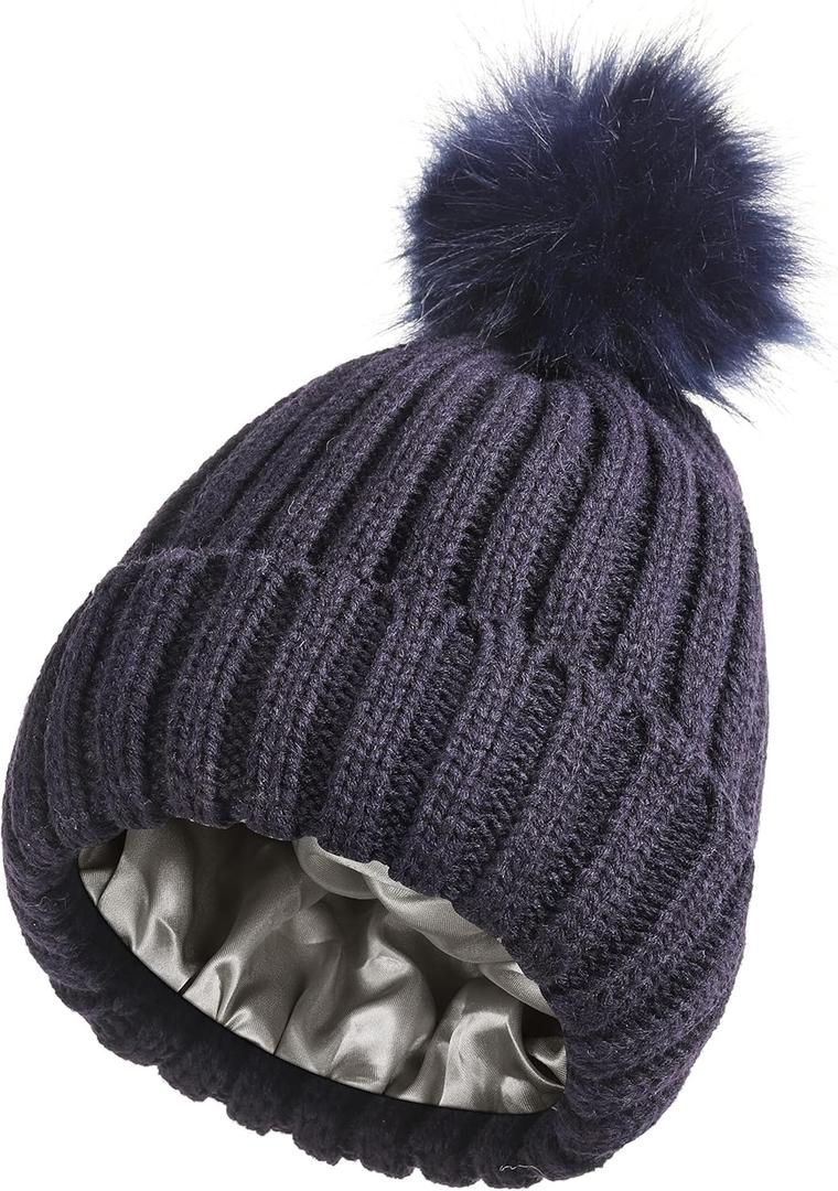 womens Beanie (One Size, Detachable Pom-navy Blue)