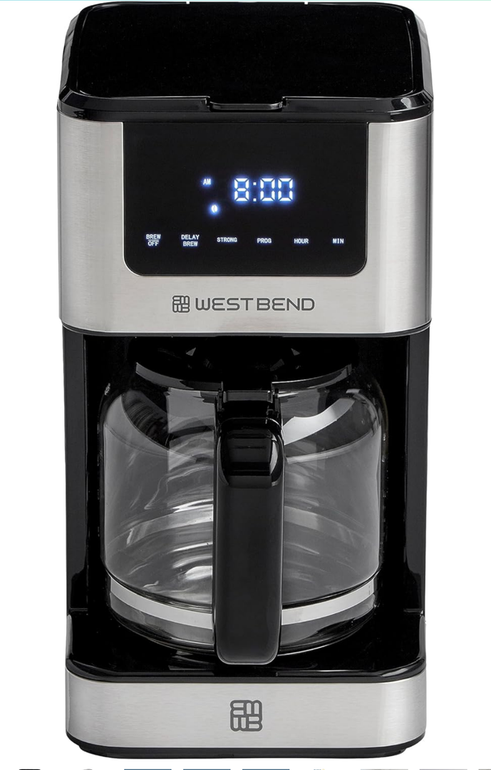 West Bend Drip Coffee Maker Brews Hot or Iced, Programmable with Brew Strength Selector Auto Shut-Off and 6 Functions Permanent Mesh Filter and Glass Carafe, 12-Cup