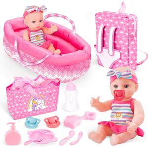 deAO Baby Doll Set 12 Baby Doll Playset with Portable Bassinet Bed,Backpack,Feeding Baby Doll Accessories for 3 4 5 6+ Year Old Girls
