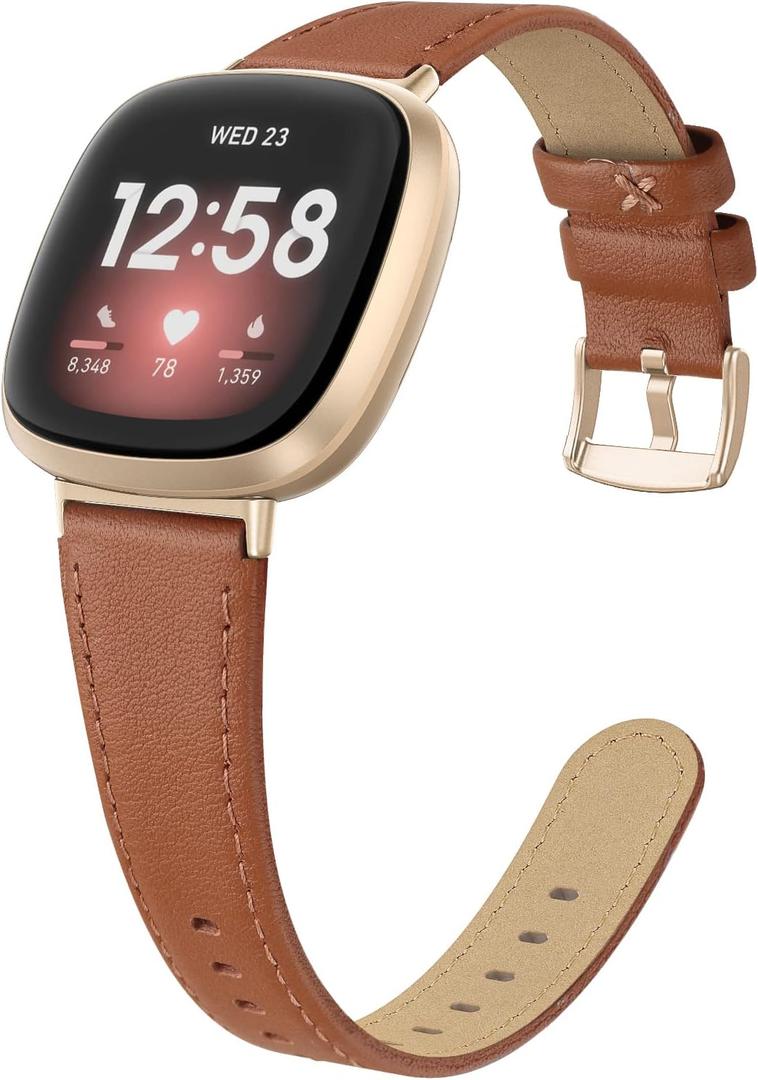 EDIMENS Leather Bands Compatible for Fitbit Versa 3 / Fitbit Versa 4 / Fitbit Sense for Women Men, Genuine Leather Bands Replacement Wristbands Straps Compatible with Versa 3 / Versa 4 / Sense (Small 5.7"-7.8", Brown)