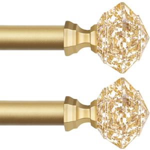 TONIAL 2 Pack Curtain Rods for Windows 48 to 84 Inch, Telescoping Splicing 3/4 Single Rods 32 to 86 Inch Decorative Drapery Rod with Translucent Diamond Finial, Luxury Gold