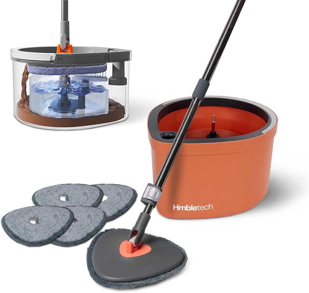 Dual Chamber Spin Mop and Bucket System, Mop Bucket Separate Dirty Water, Mop and Bucket Set with Self-Wringing 360 Rotating Mop Head, Includes 4 Washable Microfiber Mop Pads. (Orange)
