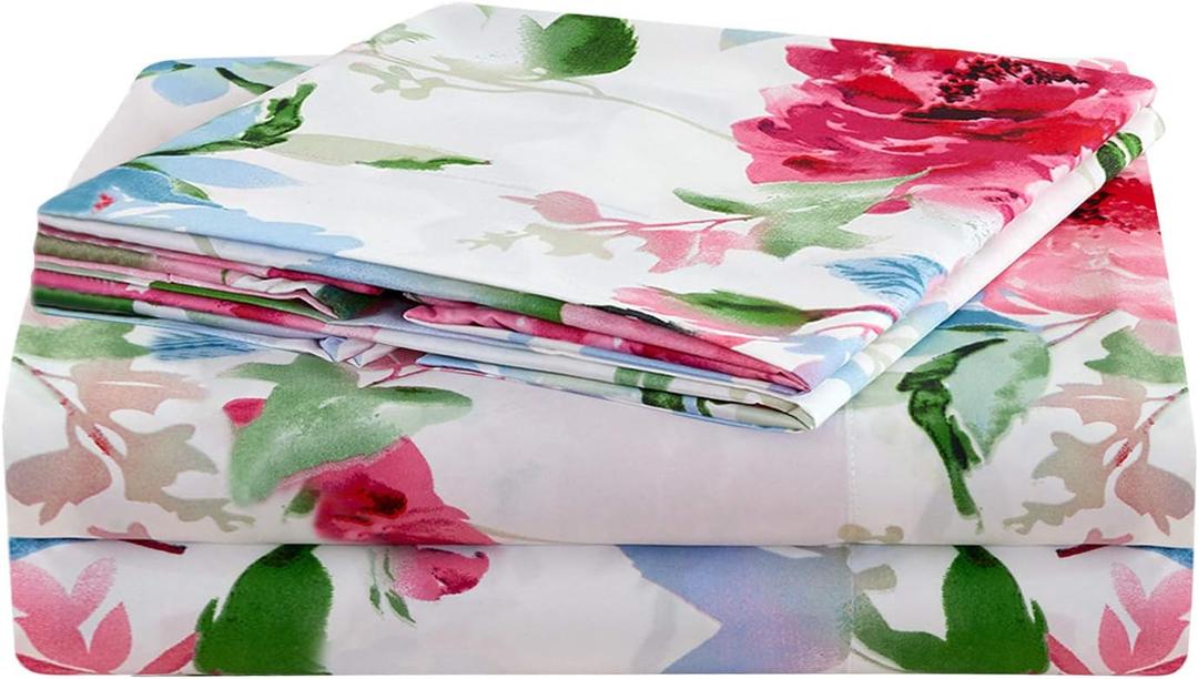 JSD Watercolor Rose Floral Sheet Set Queen Size, 4 Piece Soft Printed Microfiber Sheets Extra Deep Pocket