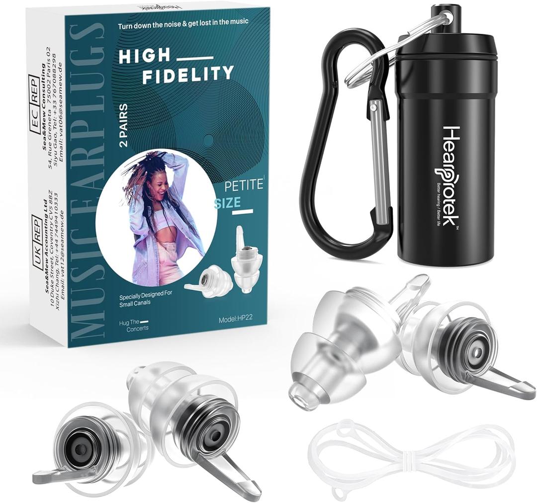 2 Pairs Concert Ear Plugs, Hearprotek Reusable High Fidelity Noise Reduction Music Ear Plugs for Ear Protection-Soft Hearing Protection Earplugs for Concerts, Musicians, Events (Petite Size) (Black)