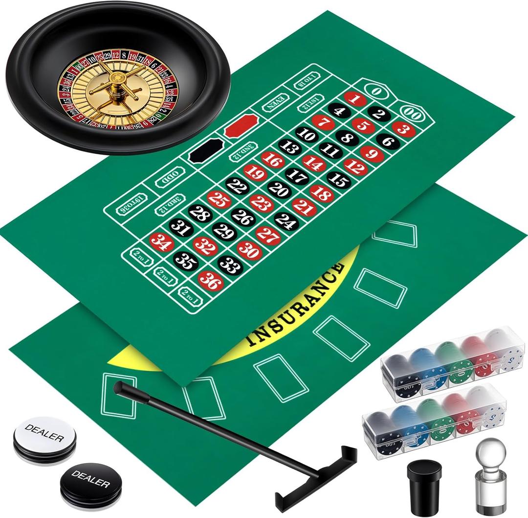 Roulette Wheel Set Include 10 Inch Roulette Wheel, Double Sided Felt, 200 Chips, Chip Rake, Acrylic Marker, Dealer Poker Button for Casino Game Blackjack Night Party Holidays(Green)