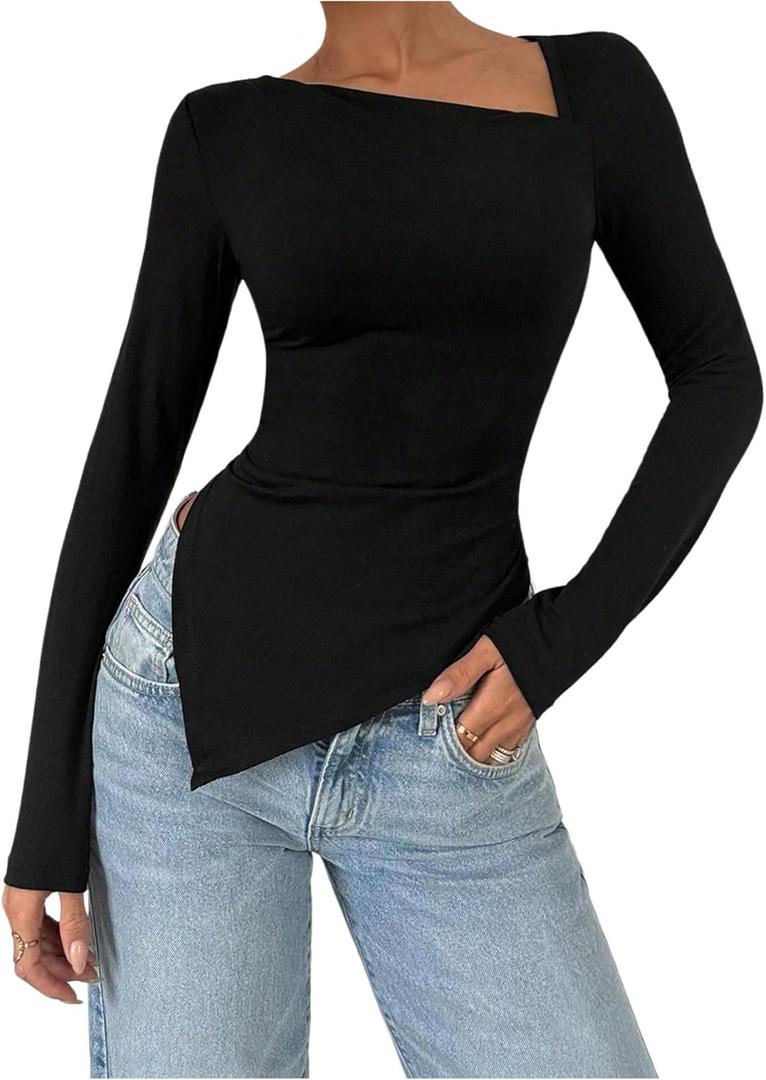 Women's Long Sleeve Asymmetrical Tops Notched Neck T Shirt Slim Fit Elegant Tee (Black, L)