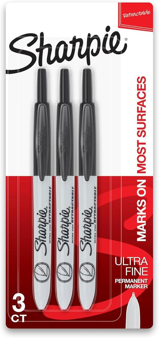 Sharpie Retractable Permanent Markers, Ultra Fine Point, Black, 3 Count