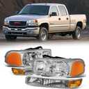 Headlight Assembly Compatible with 99-07 GMC SIERRA 1500 2500 1500HD 2500HD 3500HD/ 1999-2006 YUKON 1500 2500/2001 SIERRA C3, Chrome Housing 4PCS