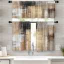 Brown Kitchen Window Curtains Valance and Tier Set, Grey Beige Modern Rod Pocket Short Tier Curtain, Abstract Art Small Cafe Drapes for Kitchen Decor 52" x 24"