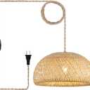 Bamboo Large Plug in Pendant Light with 14ft Handmade Woven Light Cord, Dimmable Switch, Rustic Basket Hanging Lamp for Bedroom Kitchen Island Farmhouse Dining Room Living Room,17.8 inch Width