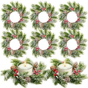 Hotop 8 Pcs Mini Christmas Wreaths for Kitchen Cabinet Small Christmas Candle Rings Wreaths Pillars Candle Rings Table Centerpieces Hanging Garlands for Front Door Window Decor