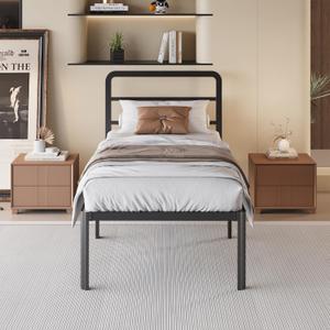 18 Inch Twin Bed Frames with Headboard, Heavy Duty Metal Twin Size Platform Bed Frame with Rounded Corner Legs, No Box Spring Needed, Noise Free, Easy Assembly, Black