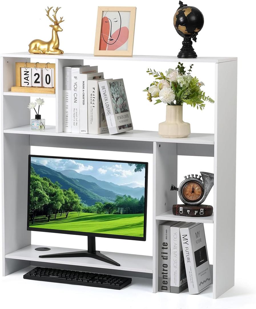 Modern Wooden Desktop Bookshelf Hutch, White Desk Organizer with 7 Shelves for Computer Desk, Vertical Storage for Small Desks, Home Office, Dorm, L 37" x W 9.4" x H 36.8"