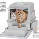 Stainless Steel Litter Box with Lid, Extra Large Enclosed Cat Litter Box for Big Cats, Anti-Leakage Metal Kitty Box with High Sided Enclosure, Scoop, Pedal & Non-Slip Mat, Easy to Clean (Fully Enclosed-Grey)