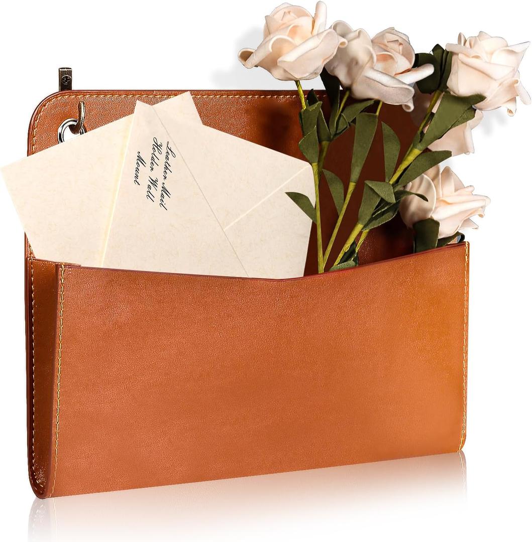 Wall Mount Brown PU Leather Letter Holder PU Leather Mail Holder Vintage Wall File Organizer 2 Ring Binder Hanging File Holder for Office Home Decor Storage Letter Postcards Bill Flowers