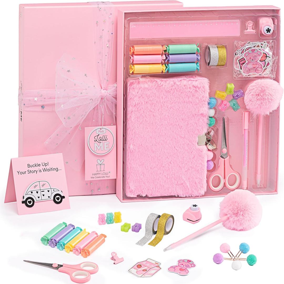 HAPPY LOLLI Pink LolliME DIY Journal Kit for Girls  300+ Pieces! Lockable Fuzzy Diary, Markers, Stickers & Empowering Pages  Gift Box for Tweens & Teens  Creative Journaling Set