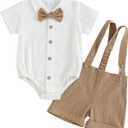 Honganda Baby Boys Gentleman Outfits Bow Tie Short Sleeve Button Up Romper + Overall Shorts Infant Wedding Cake Smash Clothes (12-18 Months, Khaki)