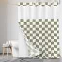 Tititex No Hooks Snap in Liner Beige Sage Green Checkerboard Shower Curtain Sets, Hotel Luxury Grid Double Layers Waterproof Fabric & See-Through Top Window Bathroom Decorative 72x72 Inch